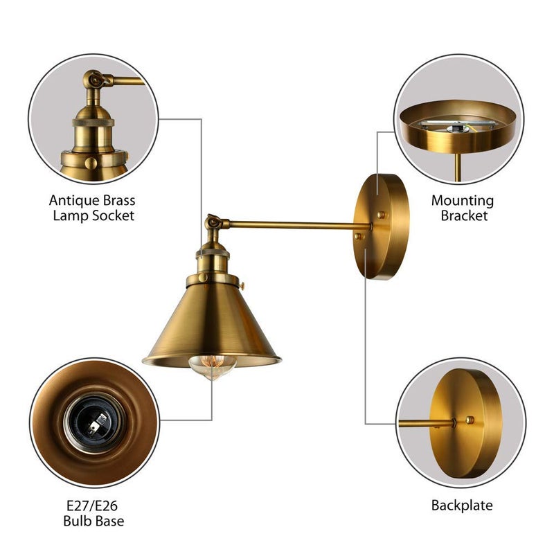 LITFAD 2 Pack Wall Lighting Fixture Adjustable Brass Finish 1 Light Wall Sconce 7.2" Retro Industrial Wall Lamp with Cone Shade for Bedroom Living Room Restaurant - Image 3
